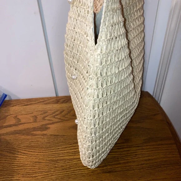 Woven Shoulder Bag with Pearl Accents- Tan NWT - Picture 6 of 6